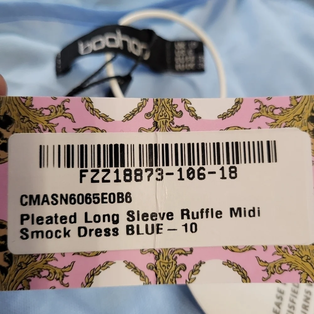 Boohoo Blue Pleated Long Sleeve Ruffle Midi Smock Dress Size Women's 6 NEW